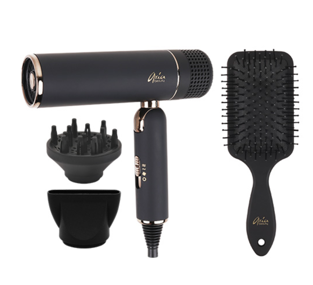 Aria Beauty - Blowdryer & Paddle Brush Set - Sleek Black